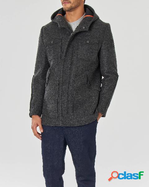 Giaccone grigio in lana cotta con cappuccio e doppia