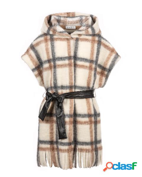 Gilet con cappuccio e fondo a frange in fantasia check 36