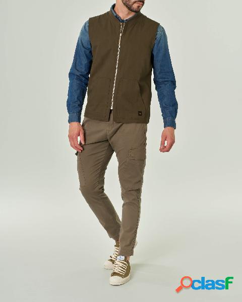 Gilet verde militare in reps di cotone con chiusura zip