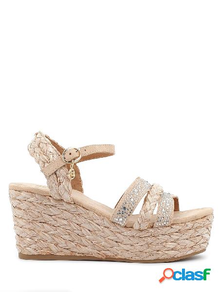Gold&Gold Sandali in paglia con strass e zeppa, GJ645 2756 -