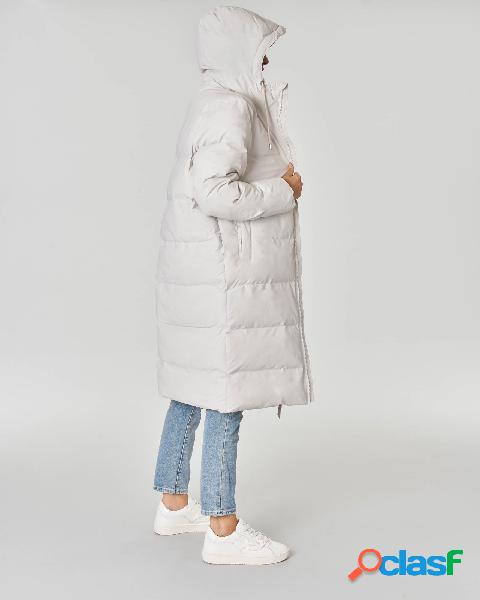 Long Puffer Jacket bianco in tessuto opaco con cappuccio