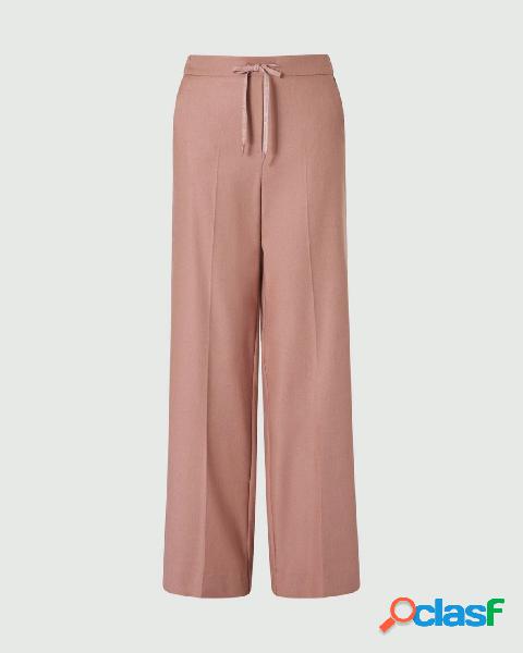 Pantaloni palazzo rosa in flanella di misto lana stretch con