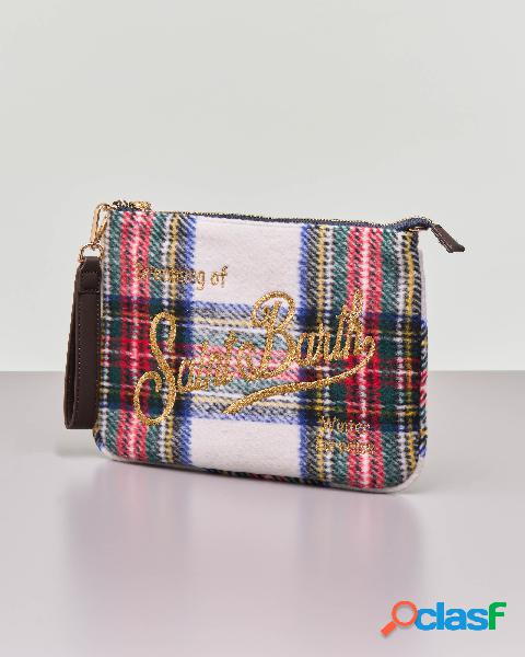 Pochette in tessuto tartan bianco verde e rosso con scritta