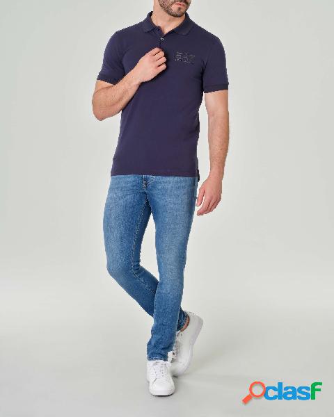 Polo blu mezza manica in jersey di cotone stretch