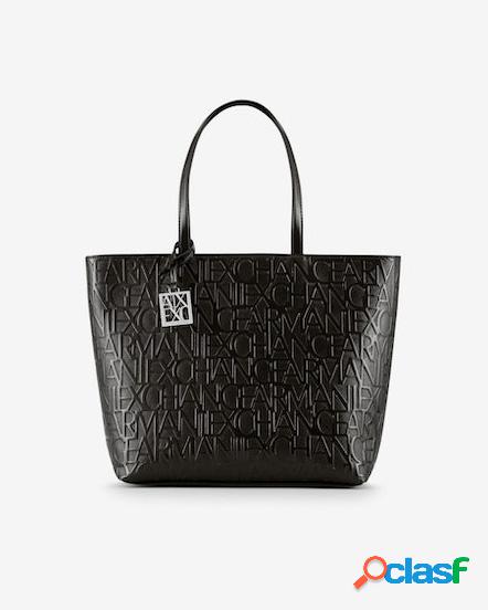 Shopping bag nera in ecopelle effetto vernice con scritte