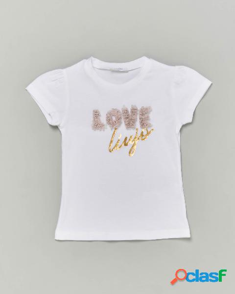 T-shirt bianca mezza manica con scritta love in tulle beige