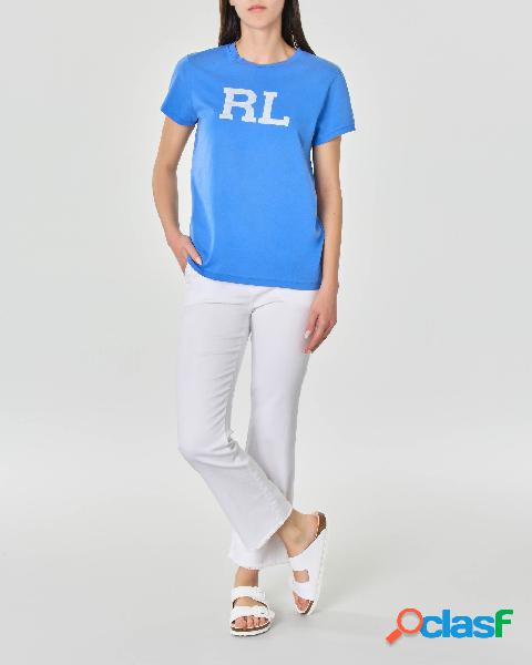 T-shirt blu china in cotone con logo RL bianco stampato