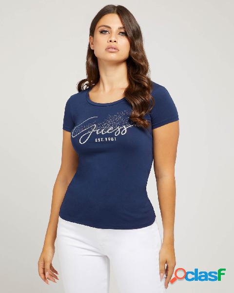 T-shirt blu in cotone stretch con scritta logo in corsivo in