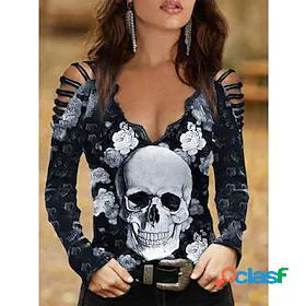 Womens Blouse Green Blue Purple Cut Out Print Floral Skull