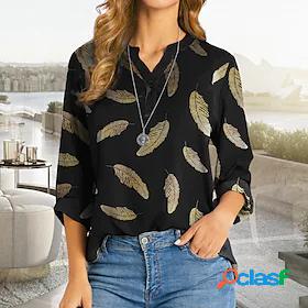 Womens Blouse Shirt Black Button Print Feather Daily Weekend