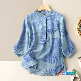 Womens Blouse Shirt Blue Pink Black Button Print Leaves