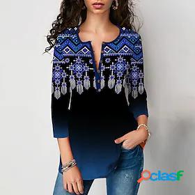 Womens Blouse Shirt Blue Purple Orange Button Print