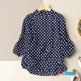 Womens Blouse Shirt Blue Yellow White Button Print Polka Dot