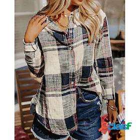 Womens Blouse Shirt Gray Button Print Plaid Daily Weekend