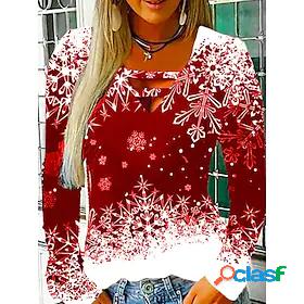 Womens Blouse Shirt Green Blue Red Print Snowflake Christmas