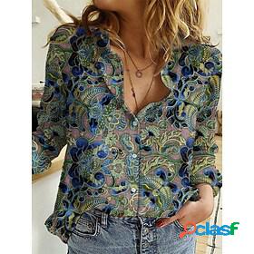 Womens Blouse Shirt Green Button Print Graphic Daily Weekend