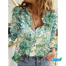 Womens Blouse Shirt Green Button Print Graphic Floral Daily