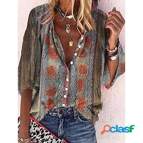 Womens Blouse Shirt Light Brown Print Graphic Floral Casual