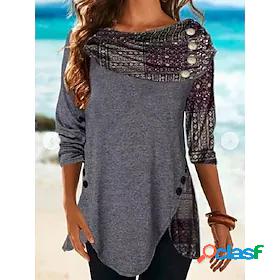 Womens Blouse Shirt Light gray Black Button Print Graphic