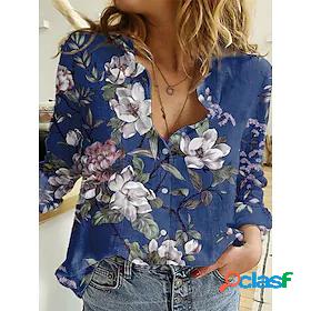 Womens Blouse Shirt Navy Blue Button Print Floral Daily