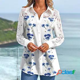 Womens Blouse Shirt Tunic Blue Lace Patchwork Floral Daily