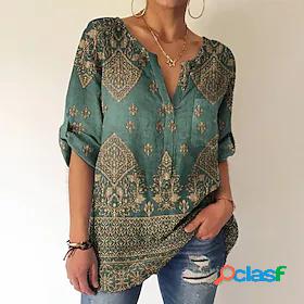 Womens Blouse Shirt Tunic Green Button Pocket Graphic Daily