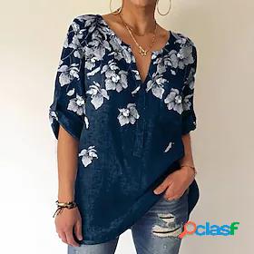 Womens Blouse Shirt Tunic Navy Blue Button Pocket Floral