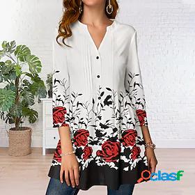 Womens Blouse Shirt Tunic White Button Flowing tunic Floral