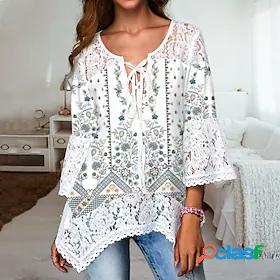 Womens Blouse Shirt White Lace up Lace Floral Daily Weekend