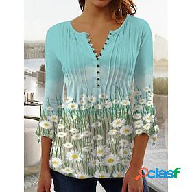 Womens Blouse T shirt Tee Shirt Blue Button Print Floral