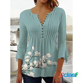 Womens Blouse T shirt Tee Shirt Blue Button Print Floral