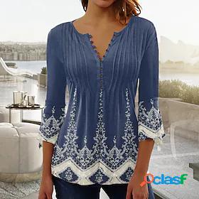 Women's Blouse T shirt Tee Shirt Blue Button Print Graphic