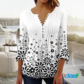 Womens Blouse T shirt Tee Shirt White Button Print Floral