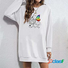 Womens Pullover Hoodie Dress Print Streetwear Long White