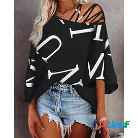 Womens T shirt Tee Black Cold Shoulder Print Letter Casual