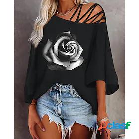 Women's T shirt Tee Black Cold Shoulder Print Rose Flower