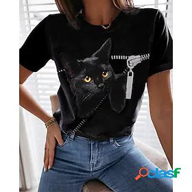 Womens T shirt Tee Black Print Animal Cat Daily Weekend