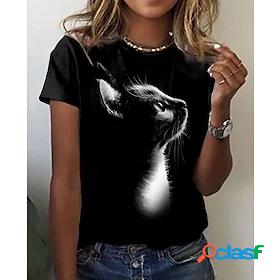 Womens T shirt Tee Black Print Animal Cat Daily Weekend