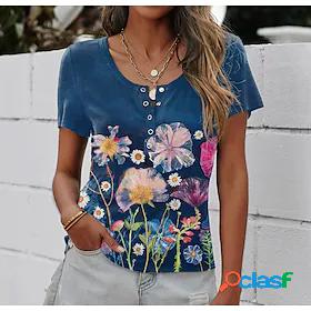 Womens T shirt Tee Blue Button Print Floral Casual Holiday