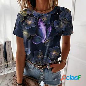 Womens T shirt Tee Blue Purple Red Print Floral Butterfly
