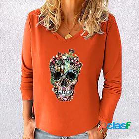 Womens T shirt Tee Blue Yellow Orange Print Skull Skeleton