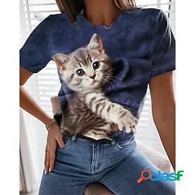 Womens T shirt Tee Green Blue Pink Print Cat 3D Casual
