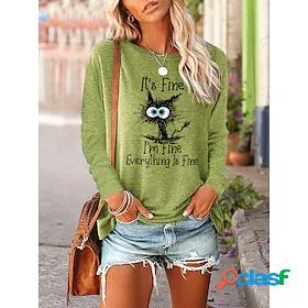 Womens T shirt Tee Green Blue Pink Print Cat Letter Casual