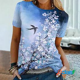 Womens T shirt Tee Green Blue Pink Print Floral Casual