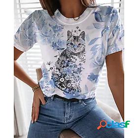 Womens T shirt Tee Green Blue Pink Print Floral Cat Casual