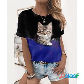 Womens T shirt Tee Green Blue Purple Print Color Block Cat