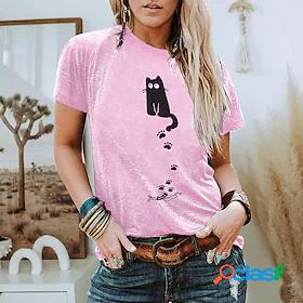 Womens T shirt Tee Pink Light Green Fuchsia Print Cat Casual