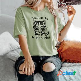 Womens T shirt Tee Pink Light Green White Print Cat Text