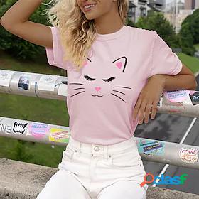 Womens T shirt Tee Pink Yellow White Print Cat Casual