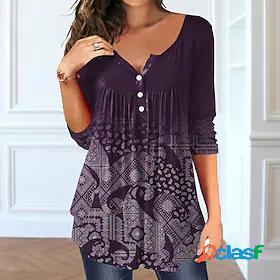 Womens T shirt Tee Tunic Green Blue Purple Button Flowing
